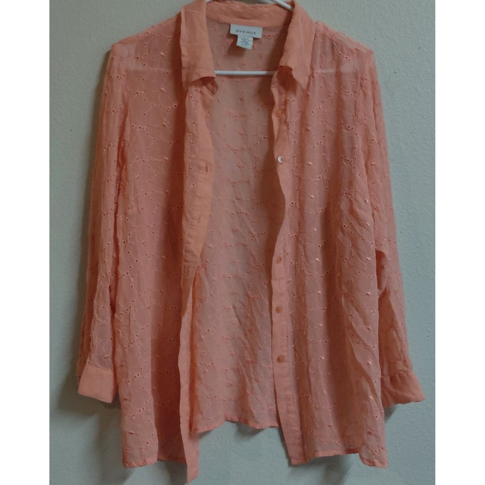 Avenue Women's 18/20 Pink Peach 100% Silk Eyelet Embroidered Button Front Blouse